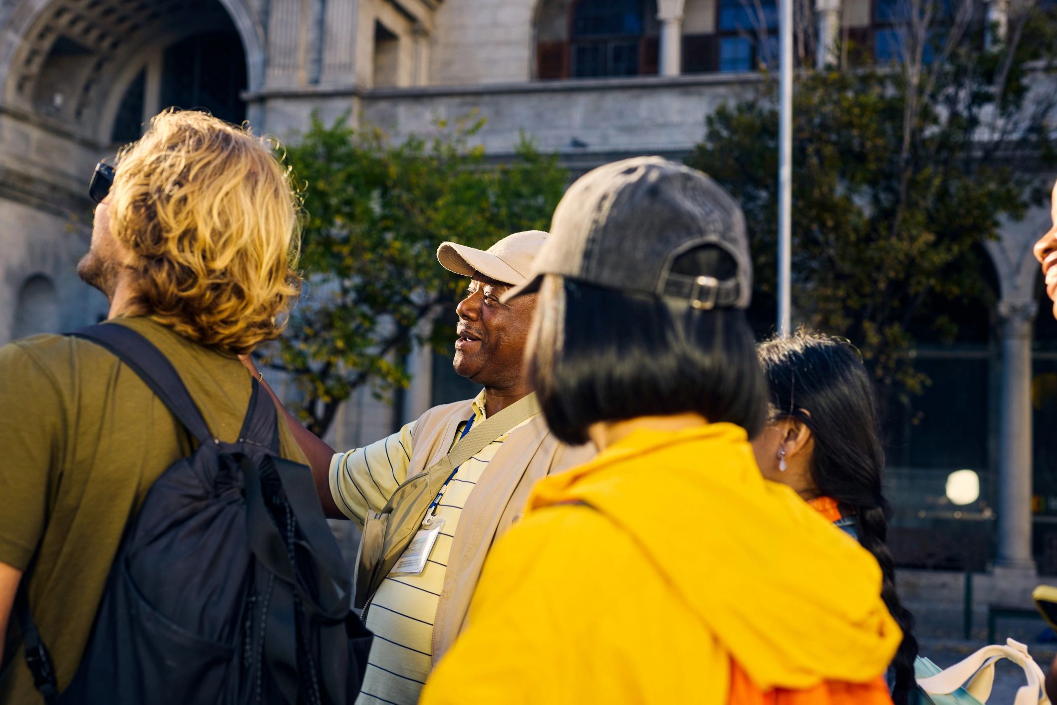 Group gathering in an outdoor city setting